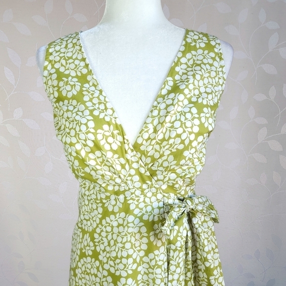 Lesley Evers Cotton Bold Botanical Print Wrap Dress Lime Green White Bow Tie - Picture 3 of 12